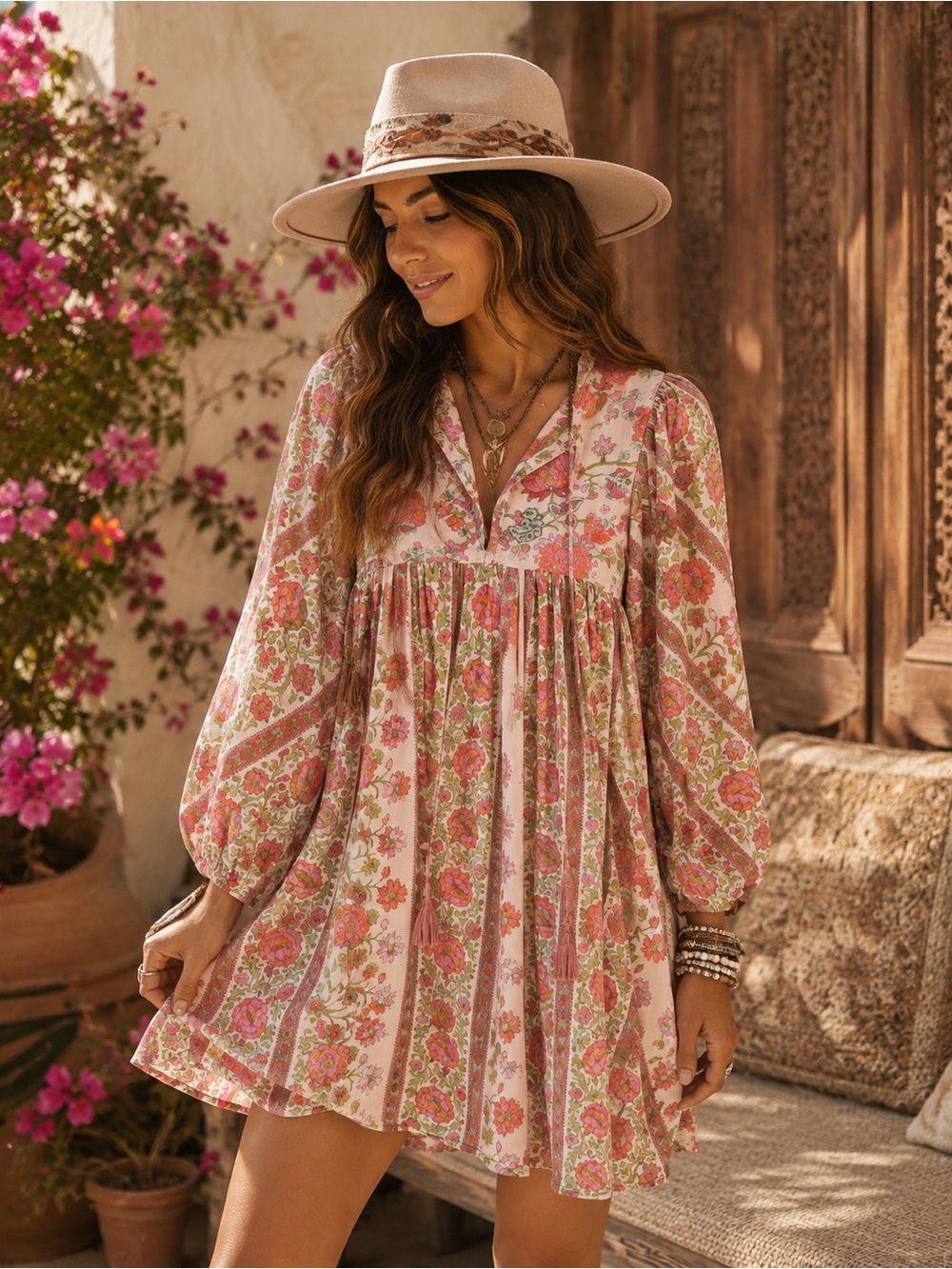 Mille Floral Boho Pink Floral Long-Sleeve Cotton Mini Dress